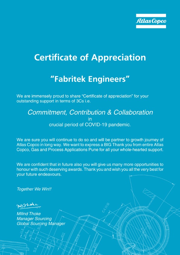 Certificate of Appreciation By Atlas Copco Gas & Process
